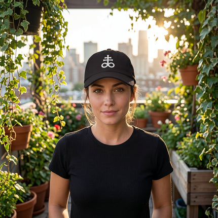 Black baseball cap with embroidered Leviathan Cross symbol.