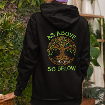 Celtic Tree of Life hoodie with As Above So Below pagan design.