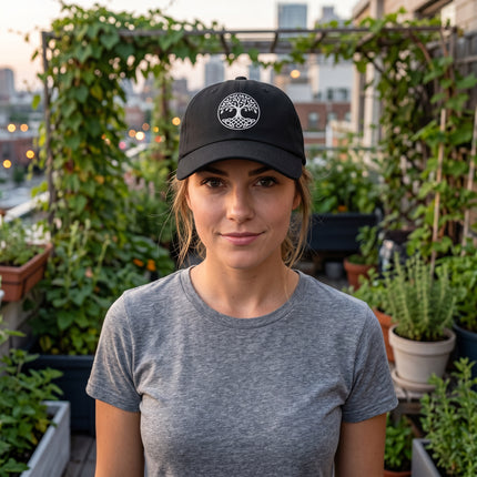 Embroidered black baseball cap featuring the Celtic Tree of Life design.