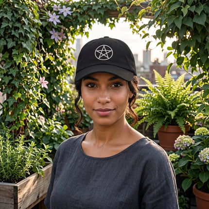 Black dad hat with white embroidered pentagram symbol.