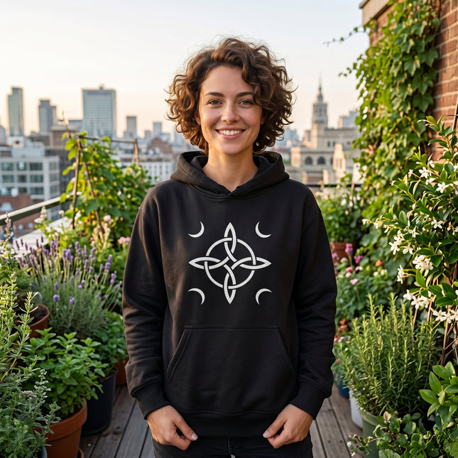 Black hoodie featuring a white witch's knot and crescent moon occult graphic.