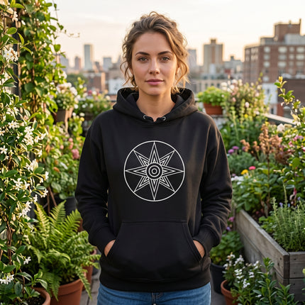 Star of Ishtar graphic hoodie featuring an 8-pointed Mesopotamian goddess symbol.