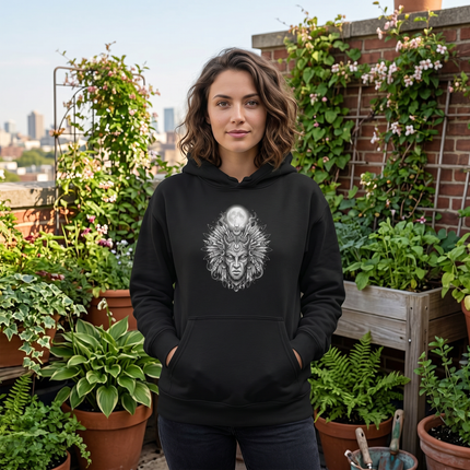 Tribal Moon Mask Hoodie | Celestial Moon Design Pullover