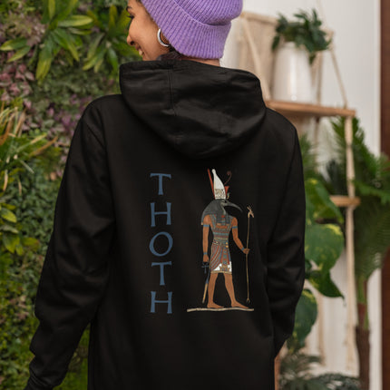 Black pullover hoodie with Thoth, the Egyptian god, print. Ancient mythology art featuring ibis-headed deity.