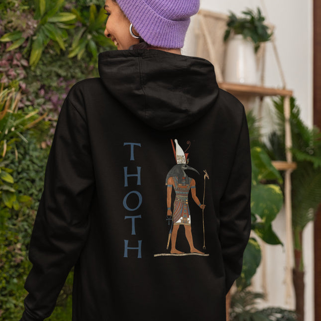 Black pullover hoodie with Thoth, the Egyptian god, print. Ancient mythology art featuring ibis-headed deity.
