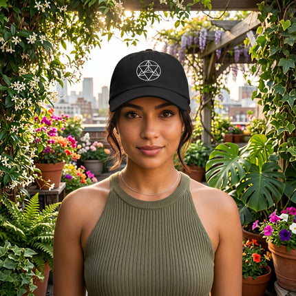 Embroidered Merkaba sacred geometry baseball cap, black with white design.