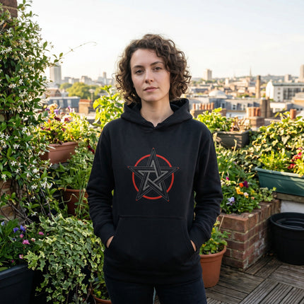 Black hoodie featuring a red pentagram pentacle occult symbol graphic design.