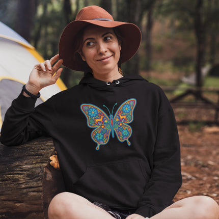 Colorful pullover hoodie featuring vibrant Huichol butterfly and indigenous Mexican folk art designs.