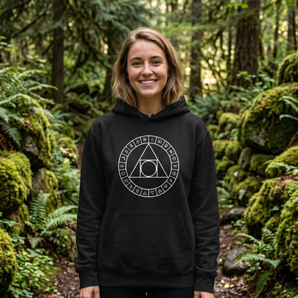 Black hoodie featuring sacred geometry and alchemical symbols, representing the Philosopher's Stone.