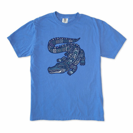 Mayan tribal crocodile graphic print on a comfortable unisex t-shirt design.