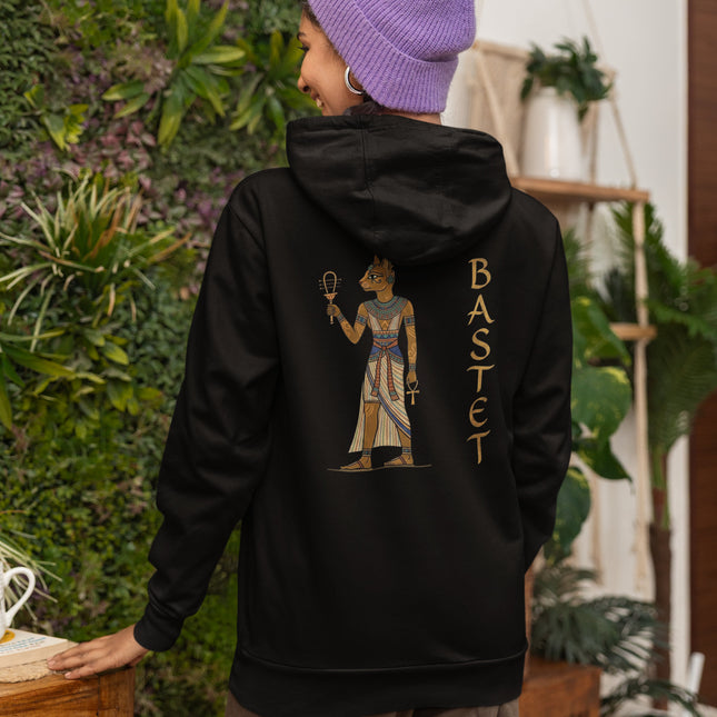 Bastet Egyptian goddess graphic print on black hoodie. Features the cat goddess and name.