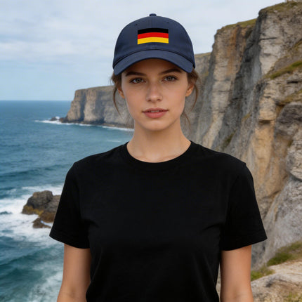 Black baseball cap featuring the German flag design (black, red, and gold).