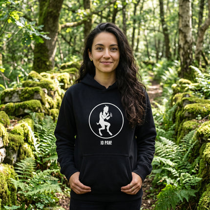 IO PAN! satyr graphic on a black pullover hoodie, pagan mythology design.