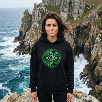 Green Celtic cross knotwork graphic on a black unisex hoodie.