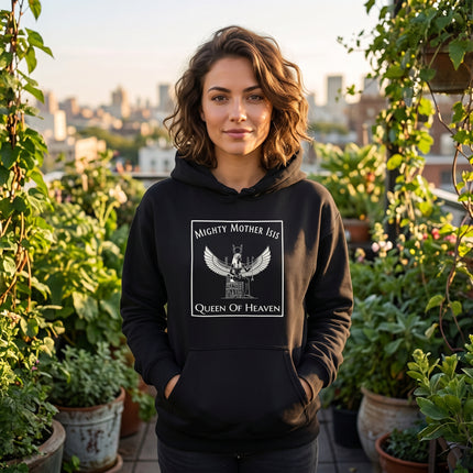 Mighty Mother Isis Queen of Heaven graphic on a black unisex hoodie.