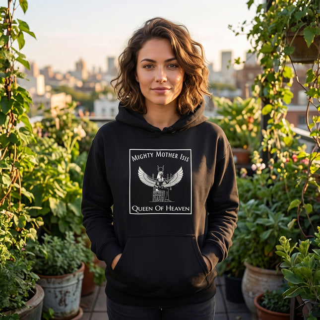 Mighty Mother Isis Queen of Heaven graphic on a black unisex hoodie.
