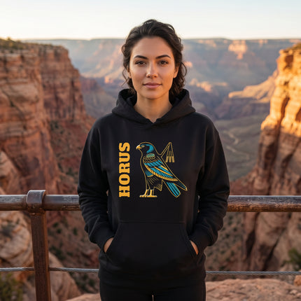 Black Horus falcon graphic hoodie featuring Ancient Egyptian mythology art.
