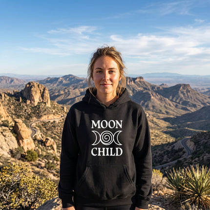 Black Moon Child hoodie featuring the triple moon goddess symbol for celestial, witchy style.