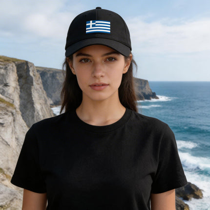 Black baseball cap featuring the Greek flag. Greece national pride streetwear accessory.