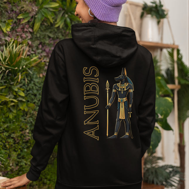 Black hoodie featuring Anubis, the Egyptian god, graphic and "ANUBIS" text print.
