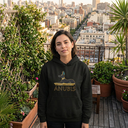 Black Anubis hoodie featuring a gold jackal god graphic from Egyptian mythology.
