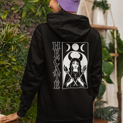 Hecate goddess graphic on black hoodie featuring triple moon occult symbolism.