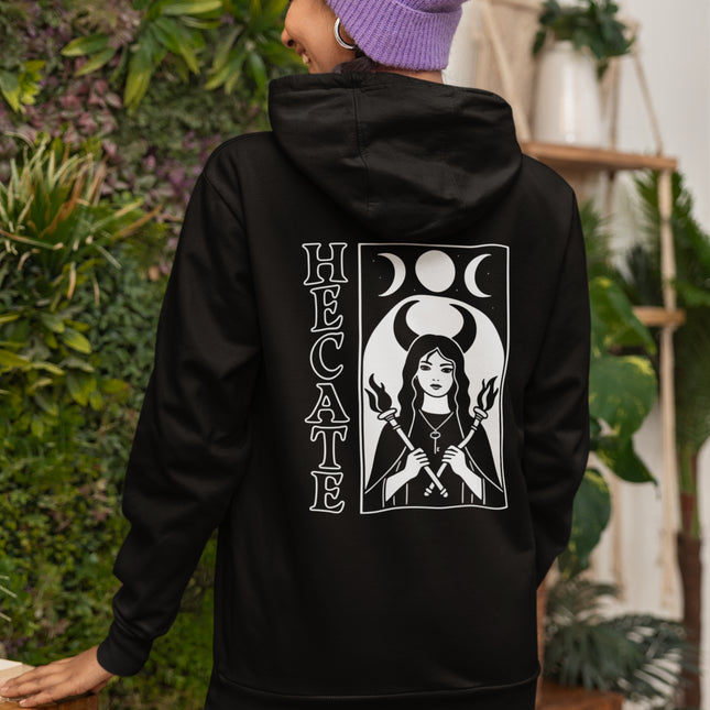 Hecate goddess graphic on black hoodie featuring triple moon occult symbolism.