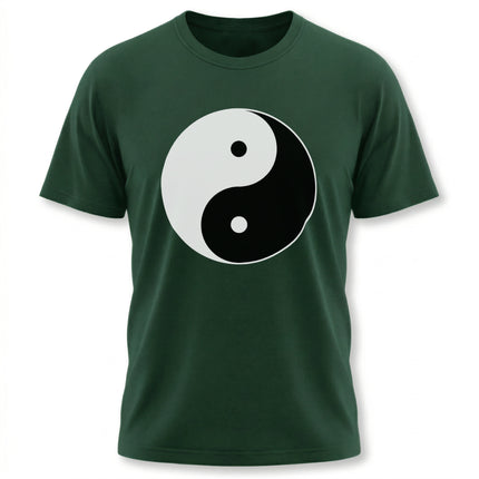 Yin Yang symbol graphic tee on a deep green shirt, representing balance, harmony, and duality.