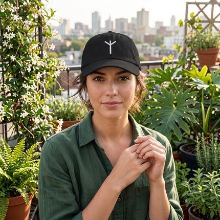 Black baseball cap with embroidered Algiz Rune, a Norse protection symbol.