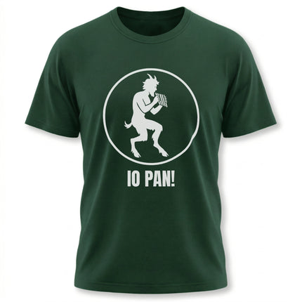 Pan satyr silhouette graphic on a dark green tee, featuring the text IO PAN! Pagan mythology apparel.