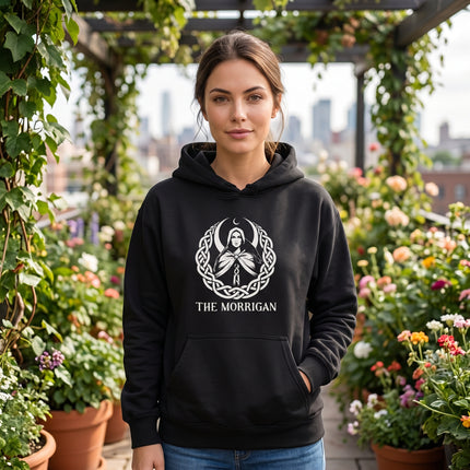 The Morrigan Celtic knot goddess graphic on a black pullover hoodie.
