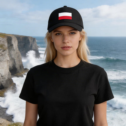Black baseball cap featuring the Polish flag. Show your national pride in style.