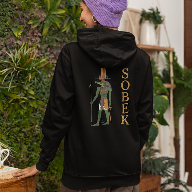 Sobek, the Egyptian crocodile god, graphic print on a black mythology hoodie.