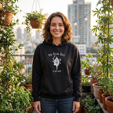 Om Krim Kali Goddess Kali mantra graphic on black pullover hoodie.