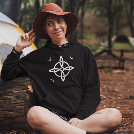 Pagan witchcraft hoodie featuring a witch's knot and celestial moon graphic print.