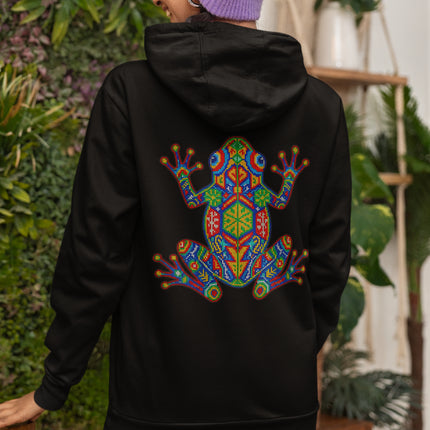 Colorful Huichol geometric frog print on black hoodie, Mexican indigenous art.