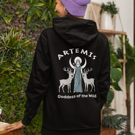 Artemis goddess and deer print on black hoodie, featuring the crescent moon and "Goddess of the Wild" text.
