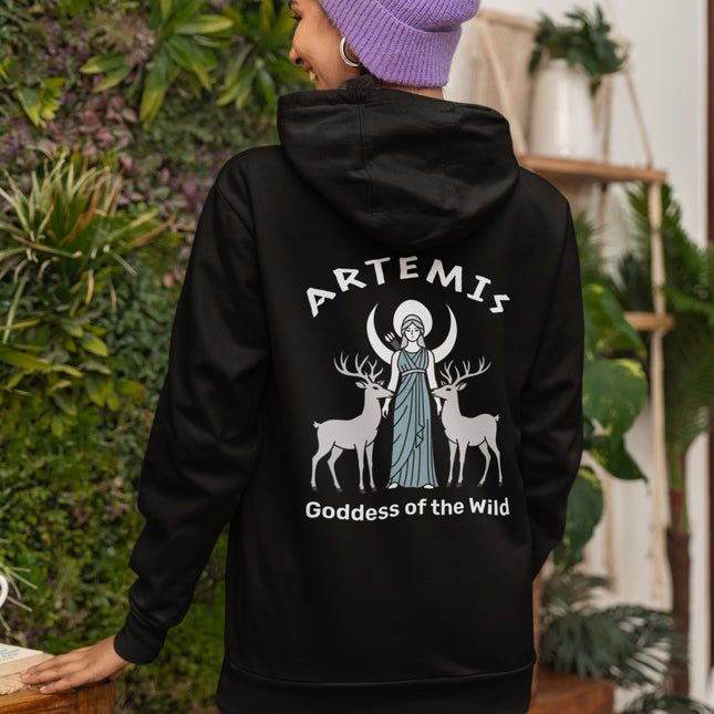 Artemis goddess and deer print on black hoodie, featuring the crescent moon and "Goddess of the Wild" text.