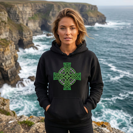 Black hoodie with green Celtic Cross knotwork design. Irish pride unisex sweatshirt.