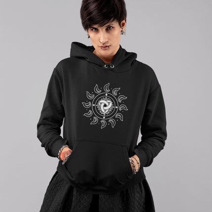 Graphic pullover hoodie displaying Norse Odin's iconic horned Viking design print.