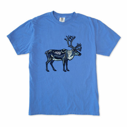 Graphic tee featuring stylized Inuit caribou and arctic reindeer patterns.