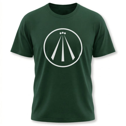 Celtic Awen symbol graphic tee on a dark green unisex t-shirt.