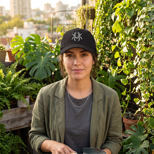 Black baseball cap with embroidered spider graphic.