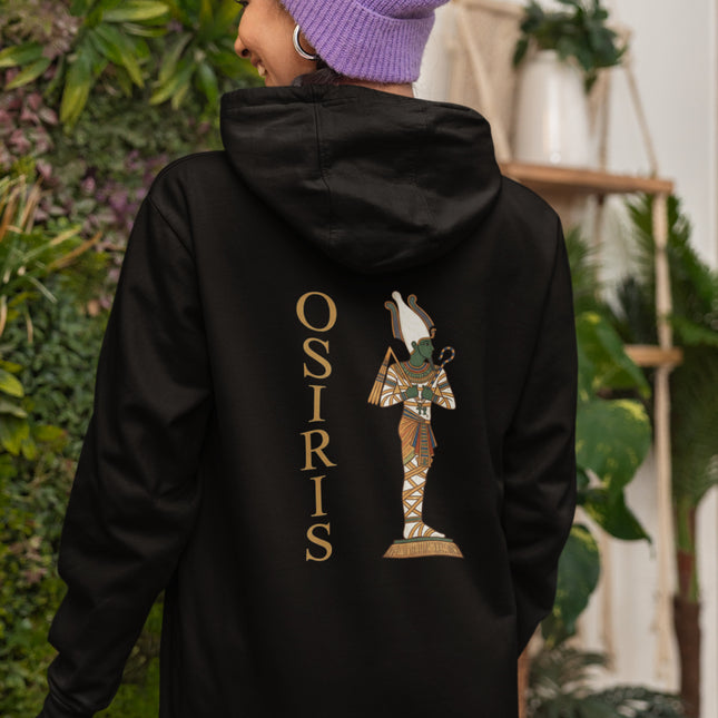 Black hoodie featuring a golden print of Osiris, the Egyptian god of the afterlife and mythology.