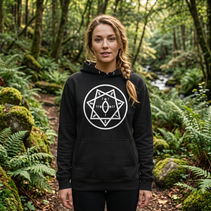 Star of Babalon Thelemic Seal graphic on a black occult unisex hoodie.