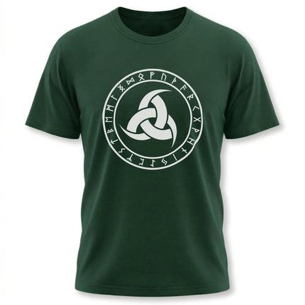 Norse rune circle t-shirt featuring Odin's triple horn symbol and Viking mythology design.
