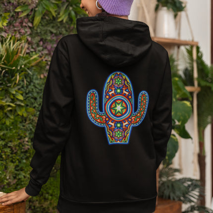 Vibrant Huichol-style cactus print on black hoodie, celebrating Mexican indigenous culture.