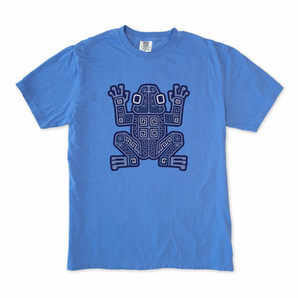 Ancient Mayan frog tribal art tee featuring geometric symbols print on a comfortable shirt.