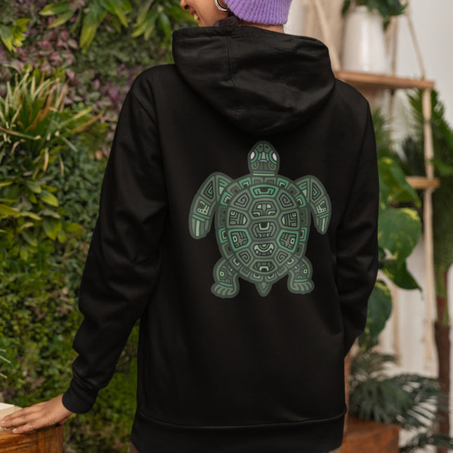 Geometric tribal sea turtle art printed on a black pullover hoodie.