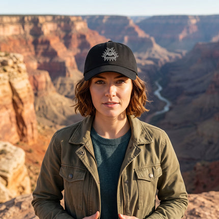Black embroidered baseball cap featuring the Eye of Providence (All-Seeing Eye) symbol.